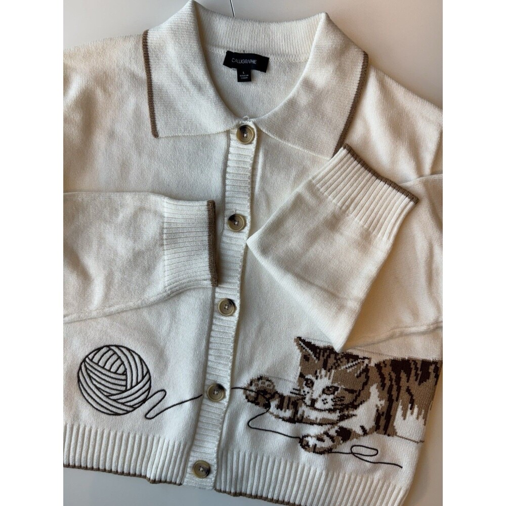 Anthropologie Calligraphie Women's Cream Collared Button Knit Cat Cardigan L